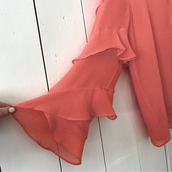 Vince Camuto | Peach Ruffle Sleeve V-Neck Chiffon Button Front Blouse, Medium - Picture 6 of 7